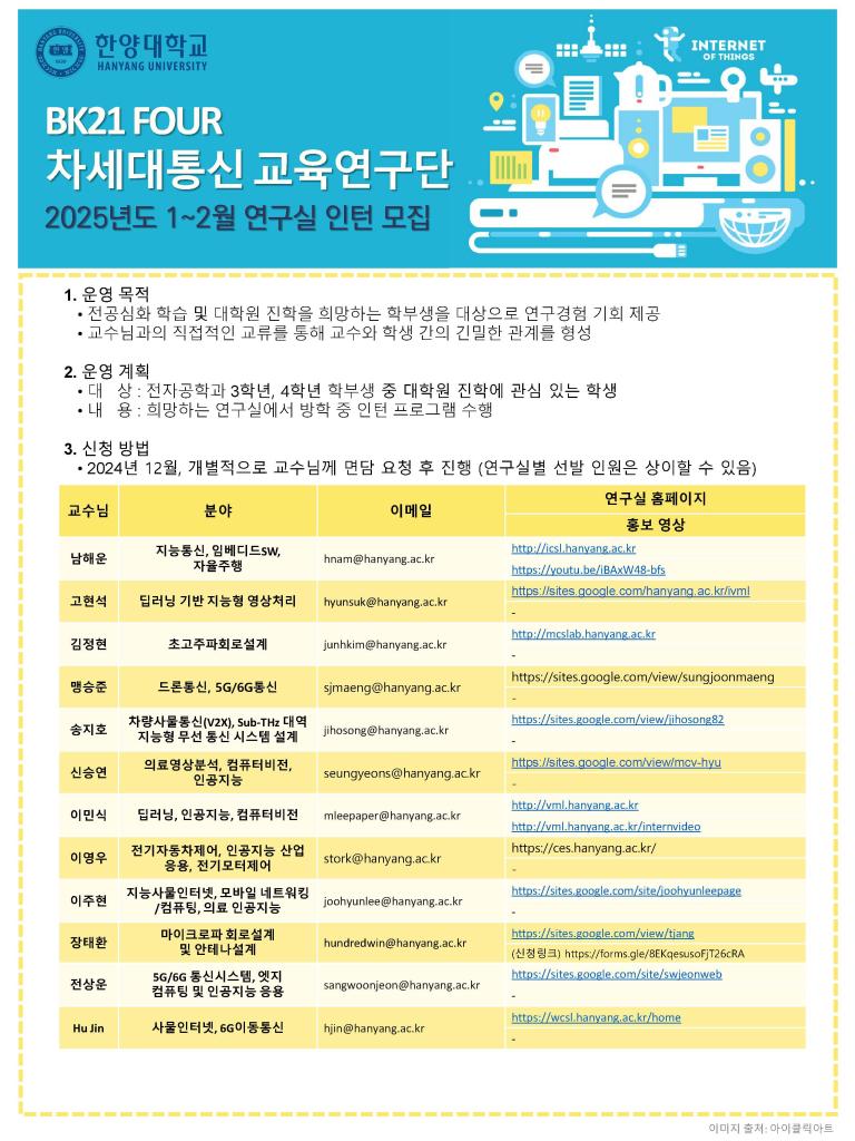 [BK21 FOUR 차세대통신] 2025년도 1-2월 연구실 인턴 모집